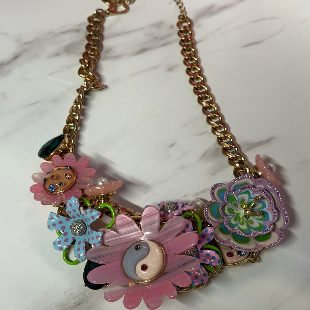 Betsey Johnson Floral Statement Necklace with Gold Chain